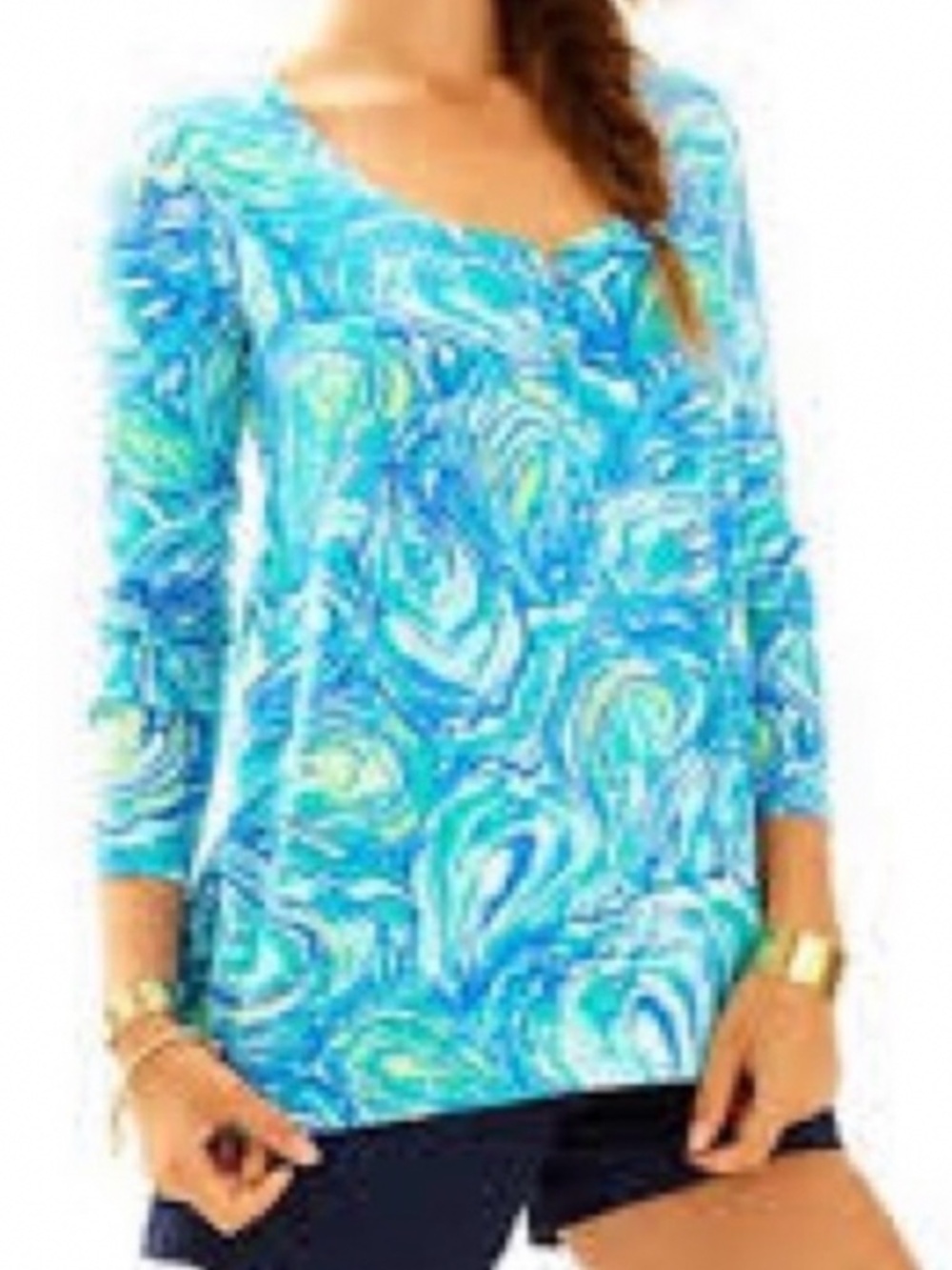 Lilly Pulitzer Sorella Henley Top Blue Oh Shucks Sz SMALL